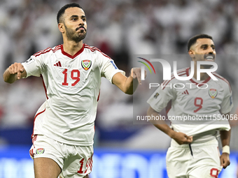 Khaled Aldhanhani (#19) of the United Arab Emirates celebrates after scoring a goal during the qualification 3rd round for the FIFA World Cu...