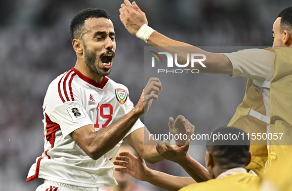 Khaled Aldhanhani (#19) of the United Arab Emirates celebrates after scoring a goal during the qualification 3rd round for the FIFA World Cu...