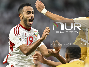 Khaled Aldhanhani (#19) of the United Arab Emirates celebrates after scoring a goal during the qualification 3rd round for the FIFA World Cu...