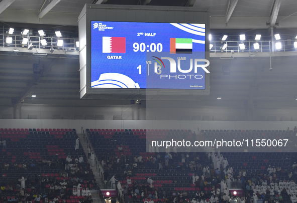 The scoreboard after the qualification 3rd round for the FIFA World Cup 2026 group A match between Qatar and United Arab Emirates at Ahmad B...