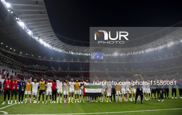 Players from the United Arab Emirates wave to their fans after the qualification third round for the FIFA World Cup 2026 Group A match betwe...