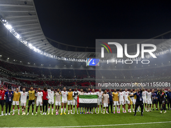 Players from the United Arab Emirates wave to their fans after the qualification third round for the FIFA World Cup 2026 Group A match betwe...