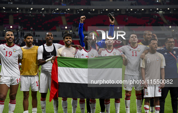 Players from the United Arab Emirates wave to their fans after the qualification third round for the FIFA World Cup 2026 Group A match betwe...