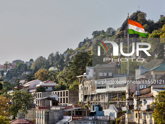 The Indian flag flutters in Mussoorie, Uttarakhand, India, on April 18, 2024. (