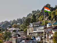 The Indian flag flutters in Mussoorie, Uttarakhand, India, on April 18, 2024. (