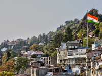 The Indian flag flutters in Mussoorie, Uttarakhand, India, on April 18, 2024. (