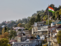 The Indian flag flutters in Mussoorie, Uttarakhand, India, on April 18, 2024. (