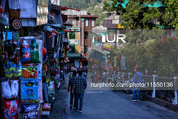 Shops line the Mall Road in Mussoorie, Uttarakhand, India, on April 18, 2024. 