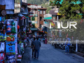 Shops line the Mall Road in Mussoorie, Uttarakhand, India, on April 18, 2024. (