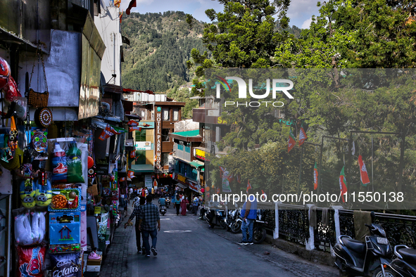 Shops line the Mall Road in Mussoorie, Uttarakhand, India, on April 18, 2024. 