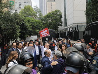 Alejandro Moreno Cardenas, National President of the Partido Revolucionario Institucional (PRI), joins the judiciary workers demonstrating t...