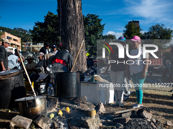 Truck drivers and their relatives take part in a community lunch and camp in northern Bogota, as truckers demonstrate against the increase i...