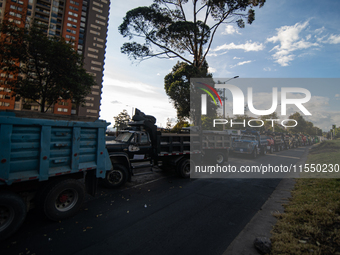 Rows of parked trucks are seen as truckers demonstrate against the increase in diesel prices in Bogota, Colombia, on September 5, 2024. (