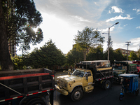 Rows of parked trucks are seen as truckers demonstrate against the increase in diesel prices in Bogota, Colombia, on September 5, 2024. (