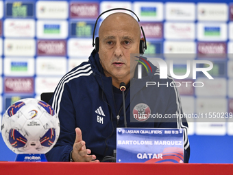 Qatar team head coach Marquez Lopez attends a press conference after the qualification 3rd round for the FIFA World Cup 2026 group A match b...