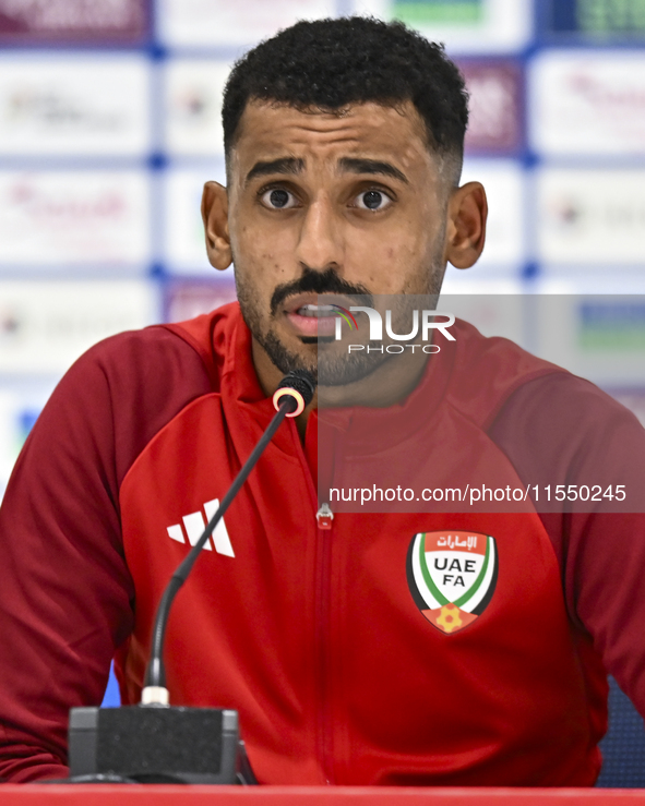 United Arab Emirates player Harib Abdalla Almusharrkh attends a press conference after the qualification 3rd round for the FIFA World Cup 20...