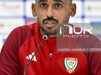 United Arab Emirates player Harib Abdalla Almusharrkh attends a press conference after the qualification 3rd round for the FIFA World Cup 20...