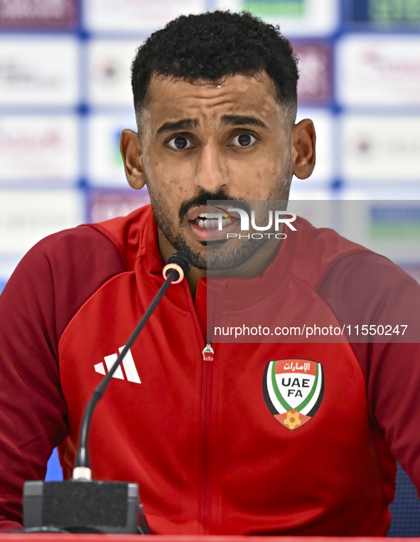 United Arab Emirates player Harib Abdalla Almusharrkh attends a press conference after the qualification 3rd round for the FIFA World Cup 20...