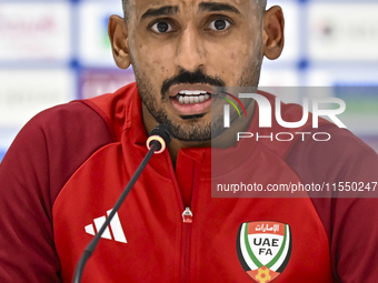 United Arab Emirates player Harib Abdalla Almusharrkh attends a press conference after the qualification 3rd round for the FIFA World Cup 20...