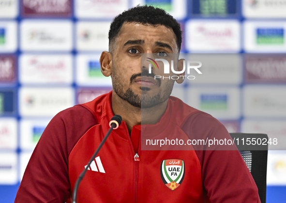 United Arab Emirates player Harib Abdalla Almusharrkh attends a press conference after the qualification 3rd round for the FIFA World Cup 20...