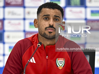 United Arab Emirates player Harib Abdalla Almusharrkh attends a press conference after the qualification 3rd round for the FIFA World Cup 20...