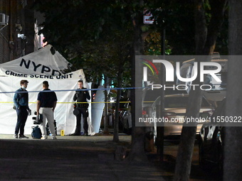 Crime scene investigators place evidence markers at the scene where 26-year-old male Mario Guerrero is shot in the head and pronounced dead...