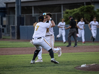 The Yolo High Wheelers celebrate clinching their spot in the 2024 Pioneer Baseball League Playoffs at Dobbins Stadium in Davis, Calif., on S...