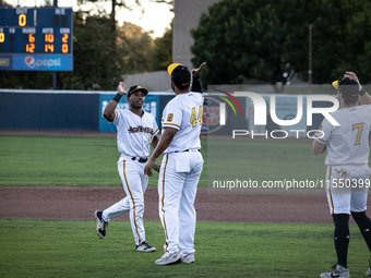 The Yolo High Wheelers celebrate clinching their spot in the 2024 Pioneer Baseball League Playoffs at Dobbins Stadium in Davis, Calif., on S...