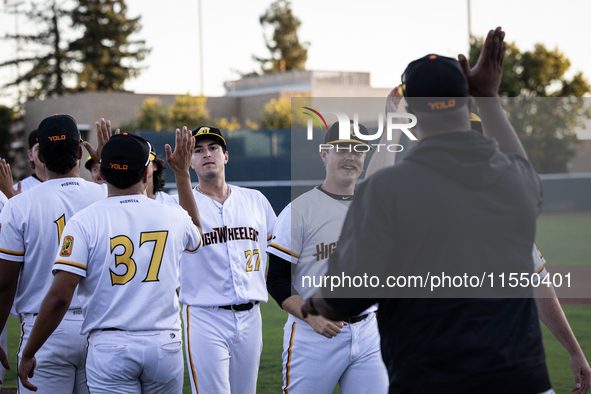 The Yolo High Wheelers celebrate clinching their spot in the 2024 Pioneer Baseball League Playoffs at Dobbins Stadium in Davis, Calif., on S...