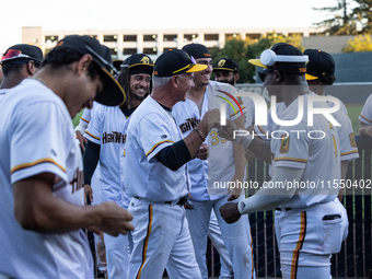 The Yolo High Wheelers celebrate clinching their spot in the 2024 Pioneer Baseball League Playoffs at Dobbins Stadium in Davis, Calif., on S...