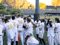 The Yolo High Wheelers celebrate clinching their spot in the 2024 Pioneer Baseball League Playoffs at Dobbins Stadium in Davis, Calif., on S...