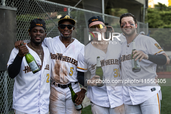 Yolo High Wheelers teammates, Kirkland Banks (2), Brayland Skinner (5), Tanner Smith (31), and Braedon Blackford (right), celebrate clinchin...