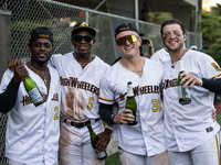 Yolo High Wheelers teammates, Kirkland Banks (2), Brayland Skinner (5), Tanner Smith (31), and Braedon Blackford (right), celebrate clinchin...