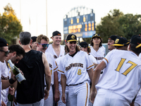 The Yolo High Wheelers celebrate clinching their spot in the 2024 Pioneer Baseball League Playoffs at Dobbins Stadium in Davis, Calif., on S...