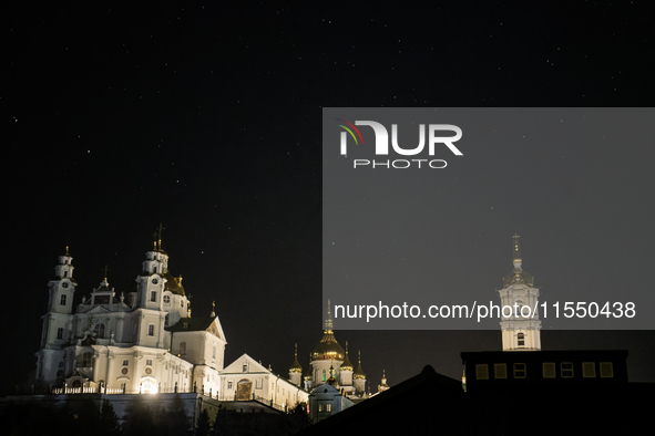 Night view of the Orthodox Holy Dormition Pochayiv Lavra in Pochaiv, Ukraine, on September 3, 2024 