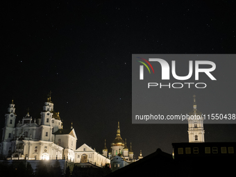 Night view of the Orthodox Holy Dormition Pochayiv Lavra in Pochaiv, Ukraine, on September 3, 2024 (