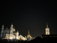 Night view of the Orthodox Holy Dormition Pochayiv Lavra in Pochaiv, Ukraine, on September 3, 2024 (