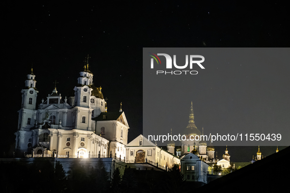 Night view of the Orthodox Holy Dormition Pochayiv Lavra in Pochaiv, Ukraine, on September 3, 2024 