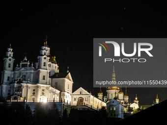 Night view of the Orthodox Holy Dormition Pochayiv Lavra in Pochaiv, Ukraine, on September 3, 2024 (