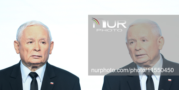 Jaroslaw Kaczynski, the leader of the right-wing Law and Justice (PiS) party and Mariusz Blaszczak during a press conference in Warsaw, Pola...