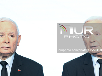 Jaroslaw Kaczynski, the leader of the right-wing Law and Justice (PiS) party and Mariusz Blaszczak during a press conference in Warsaw, Pola...