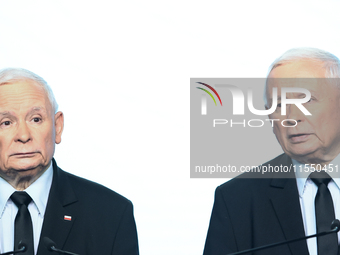 Jaroslaw Kaczynski, the leader of the right-wing Law and Justice (PiS) party and Mariusz Blaszczak during a press conference in Warsaw, Pola...