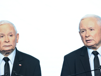 Jaroslaw Kaczynski, the leader of the right-wing Law and Justice (PiS) party and Mariusz Blaszczak during a press conference in Warsaw, Pola...