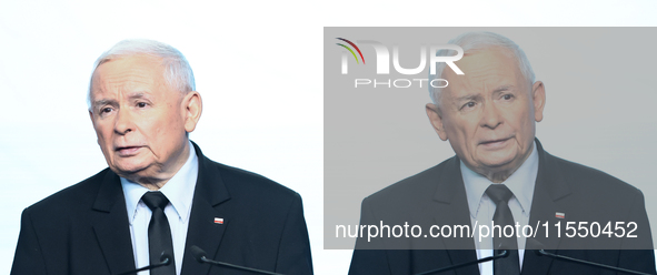 Jaroslaw Kaczynski, the leader of the right-wing Law and Justice (PiS) party and Mariusz Blaszczak during a press conference in Warsaw, Pola...