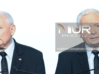 Jaroslaw Kaczynski, the leader of the right-wing Law and Justice (PiS) party and Mariusz Blaszczak during a press conference in Warsaw, Pola...