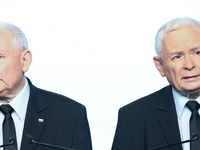 Jaroslaw Kaczynski, the leader of the right-wing Law and Justice (PiS) party and Mariusz Blaszczak during a press conference in Warsaw, Pola...