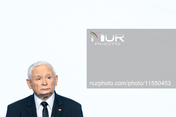 Jaroslaw Kaczynski, the leader of the right-wing Law and Justice (PiS) party, is speaking during a press conference in Warsaw, Poland, on Se...