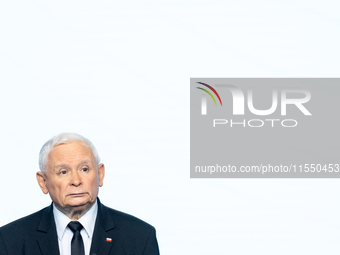 Jaroslaw Kaczynski, the leader of the right-wing Law and Justice (PiS) party, is speaking during a press conference in Warsaw, Poland, on Se...