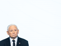 Jaroslaw Kaczynski, the leader of the right-wing Law and Justice (PiS) party, is speaking during a press conference in Warsaw, Poland, on Se...