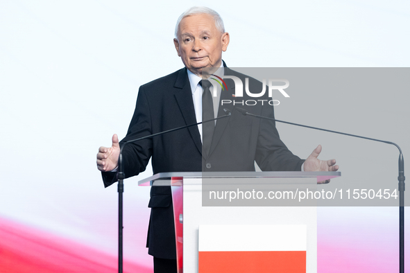 Jaroslaw Kaczynski, the leader of the right-wing Law and Justice (PiS) party, is speaking during a press conference in Warsaw, Poland, on Se...